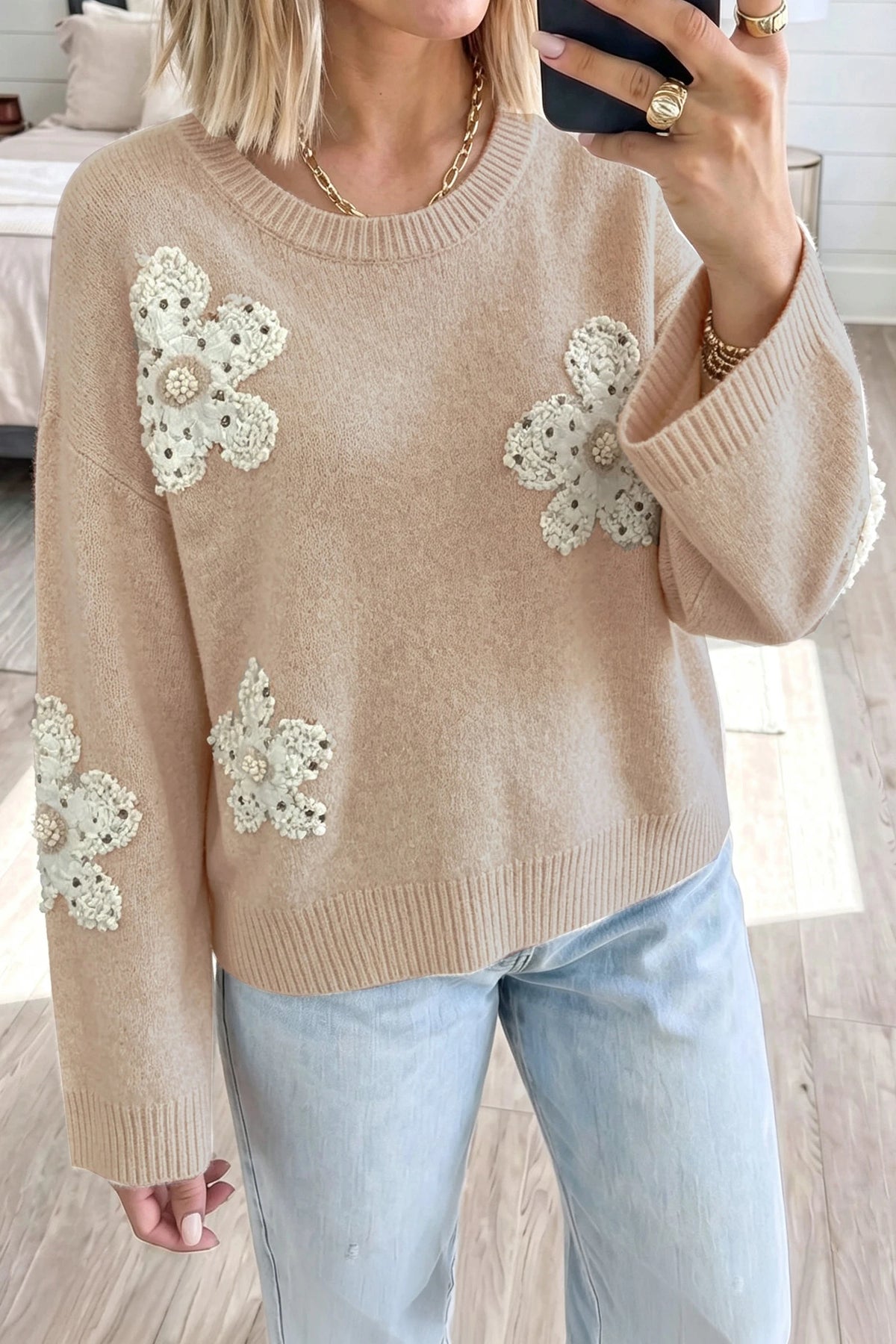 Smoke Gray Beaded Floral Sweater