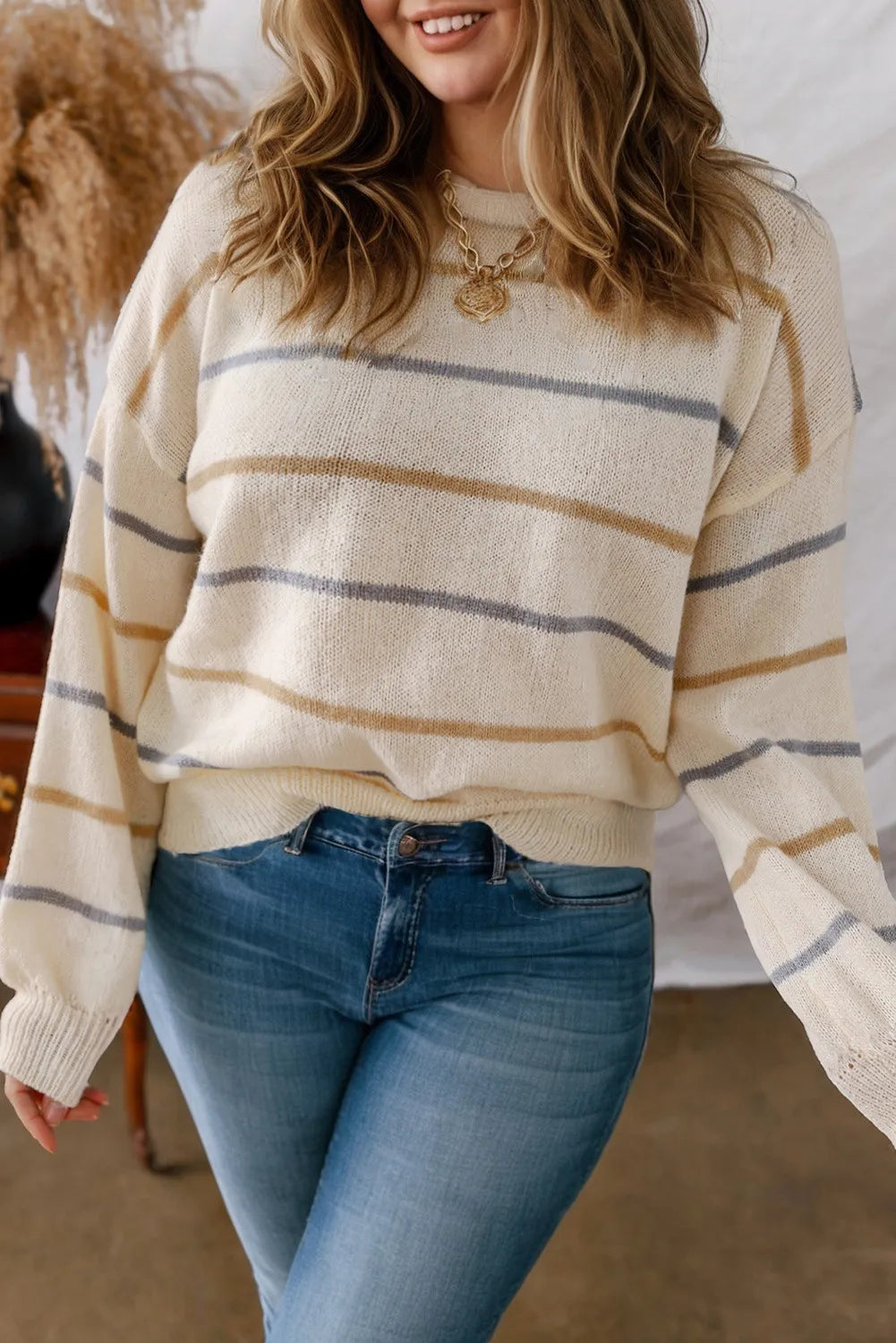 Striped Ribbed Edge Drop Shoulder Sweater