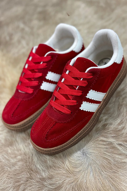 Red Vintage Striped Patchwork Lace-up Flat Shoes