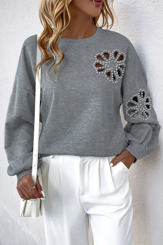 Pearl Embellished Hollow Out Flower Pattern Drop Shoulder Sweatshirt