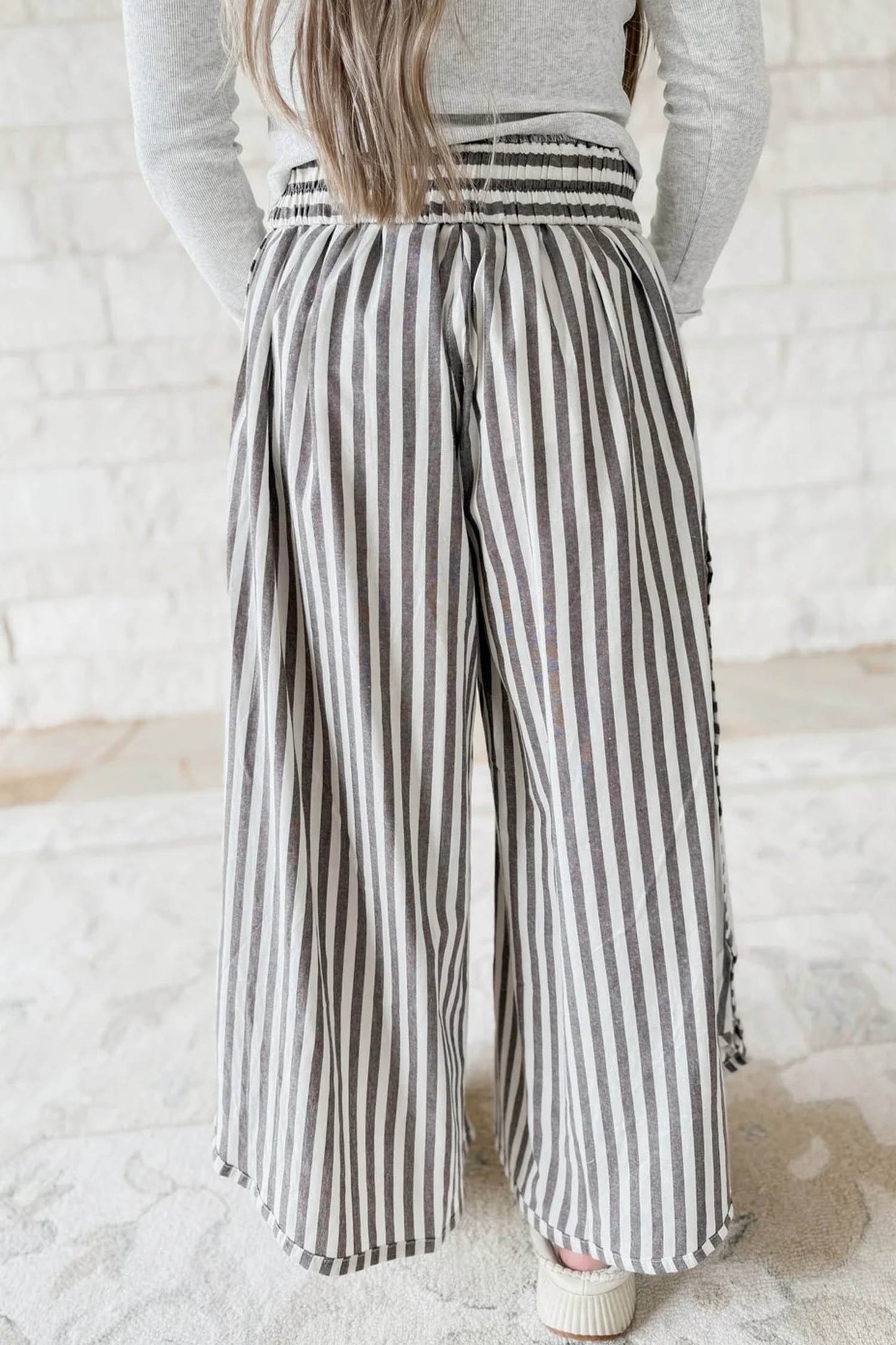 Brown Stripe Lace Elastic Waist Wide Leg Pants