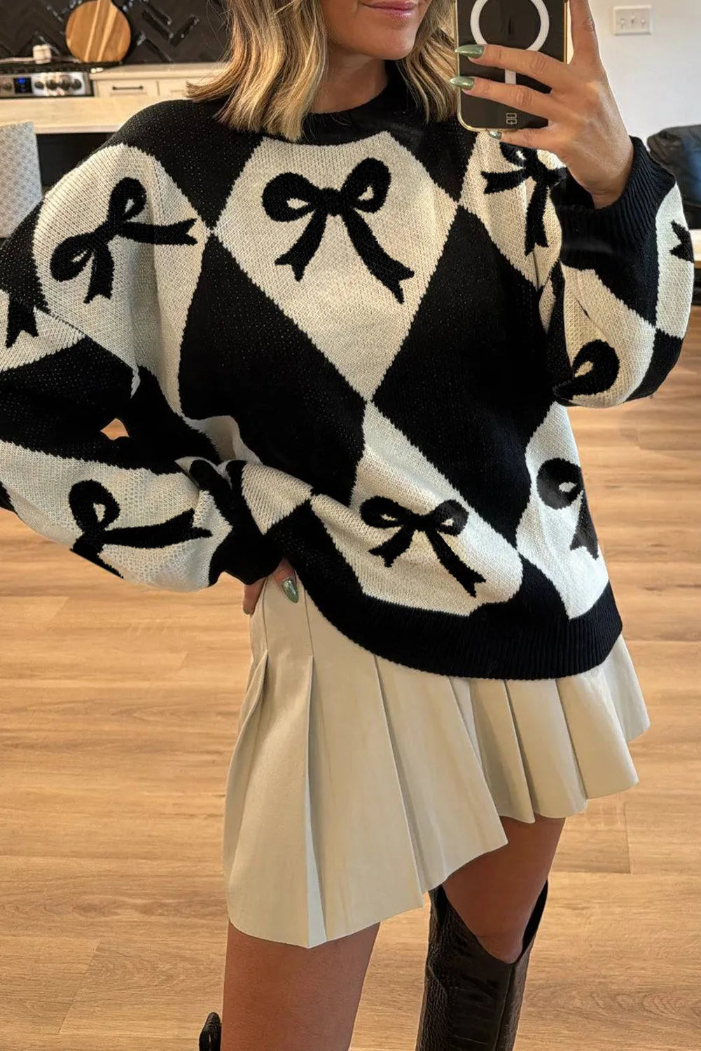 Bow Print 2-tone Rhombus Knit Loose Sweater