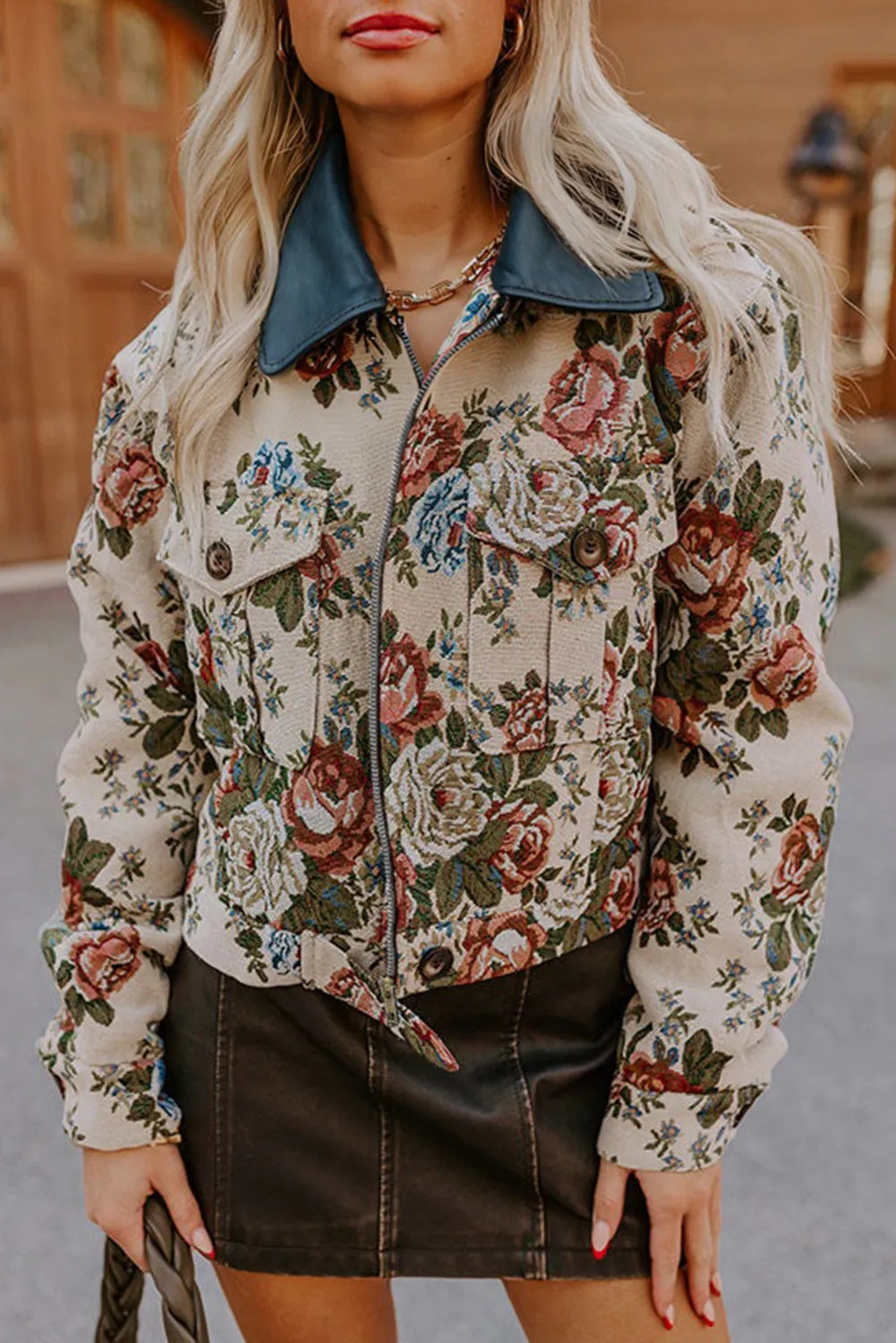 Floral Print Zip Up Contrast Collared Jacket