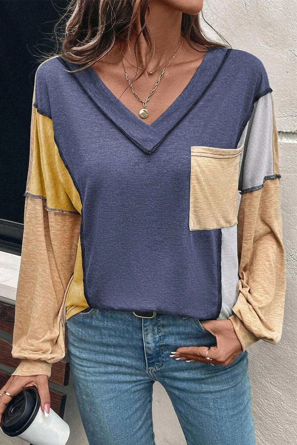 Exposed Stitching Colorblock V Neck Long Sleeve Top