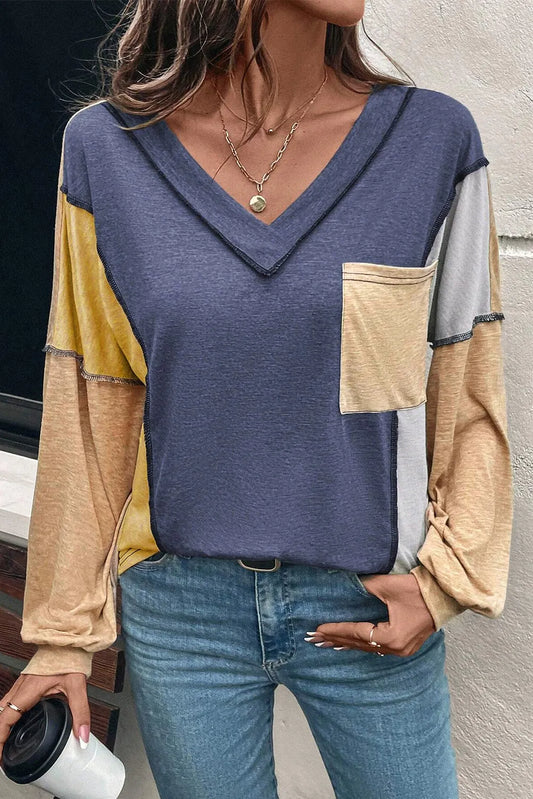 Exposed Stitching Colorblock V Neck Long Sleeve Top