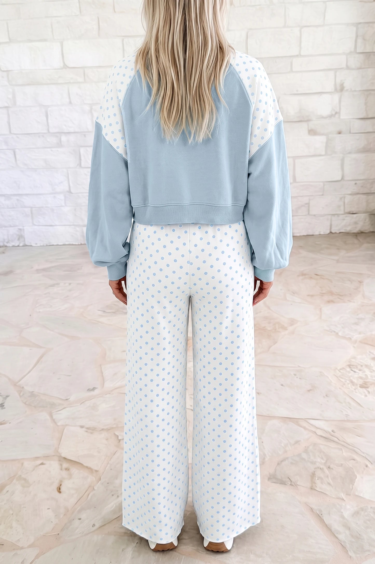 Light Blue Polka Dot Casual Two Piece Pants Set