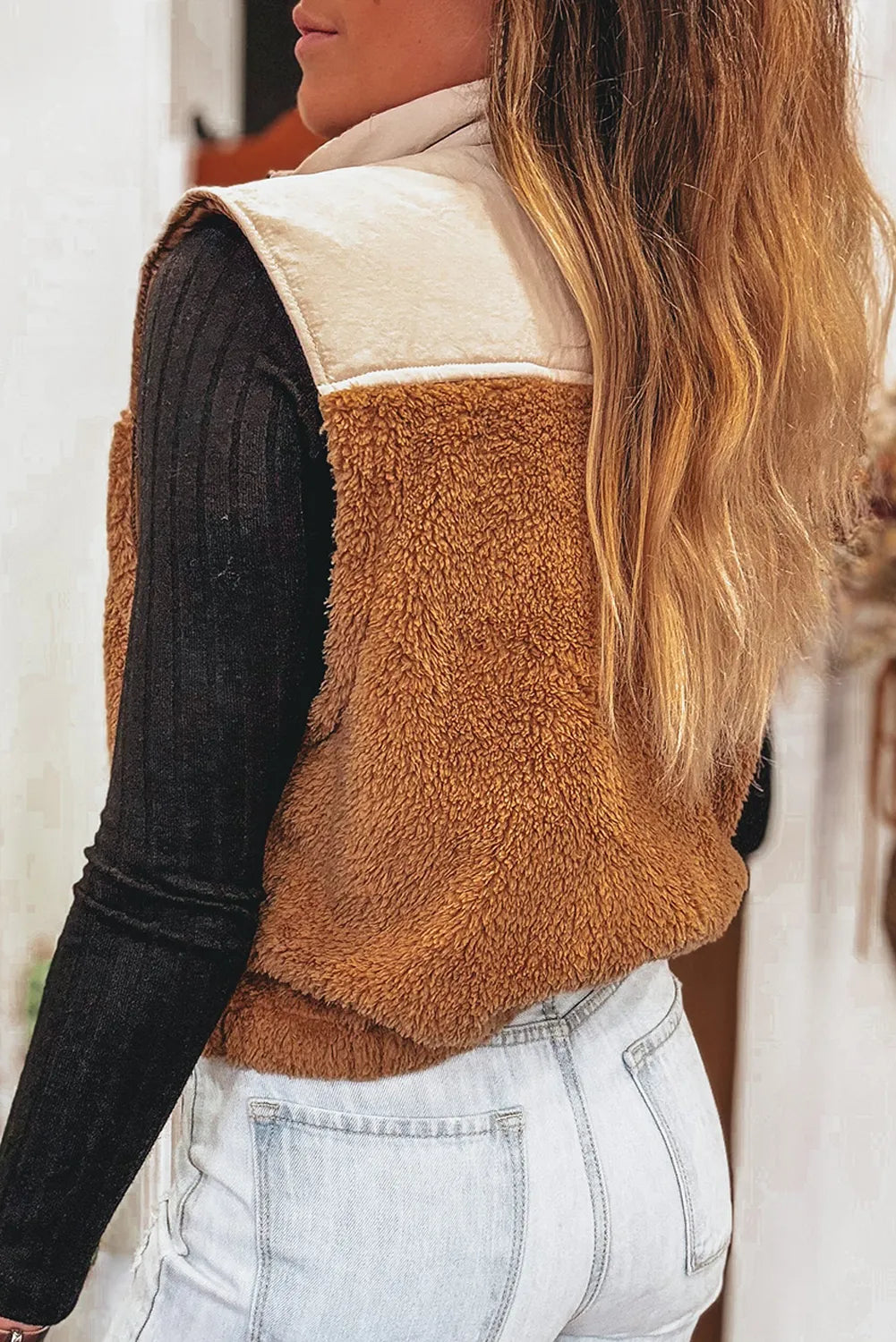 Color Block Plush Patchwork Zipper Stand Neck Vest