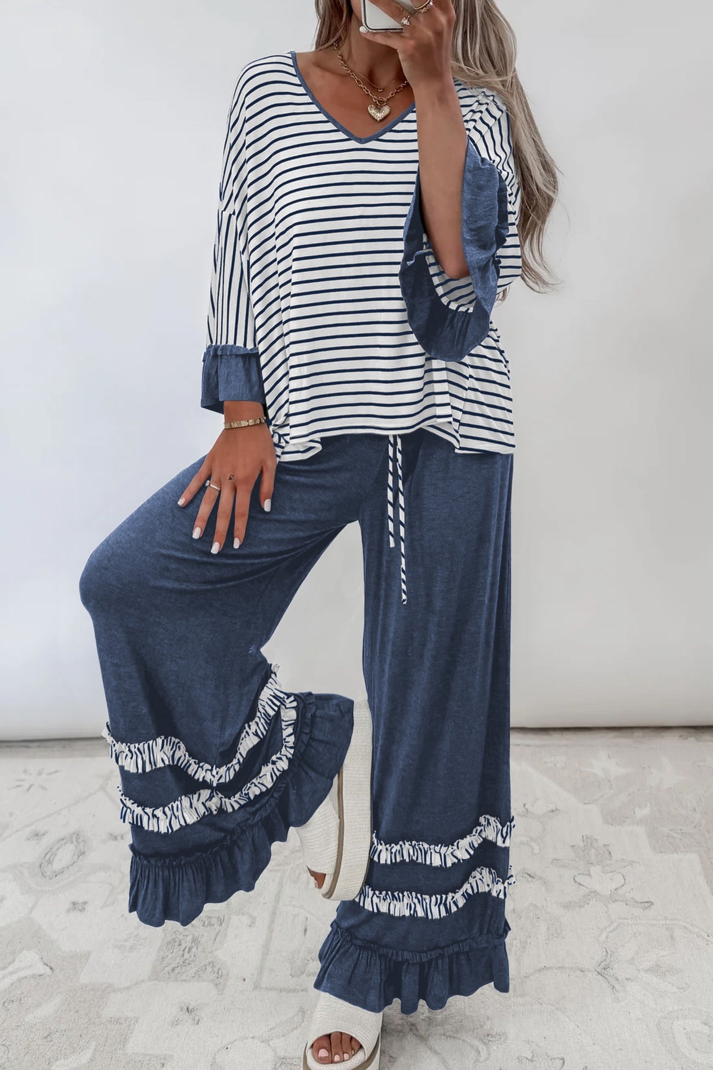 Blue StripeTop/ Drawstring Pants 2pcs Set