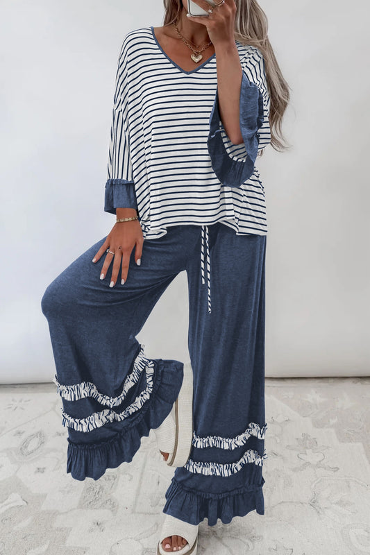 Blue StripeTop/ Drawstring Pants 2pcs Set
