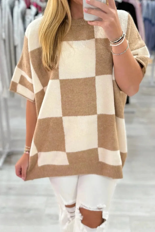French Beige Checkered Pattern Loose Drop Shoulder Short Sleeve Sweater