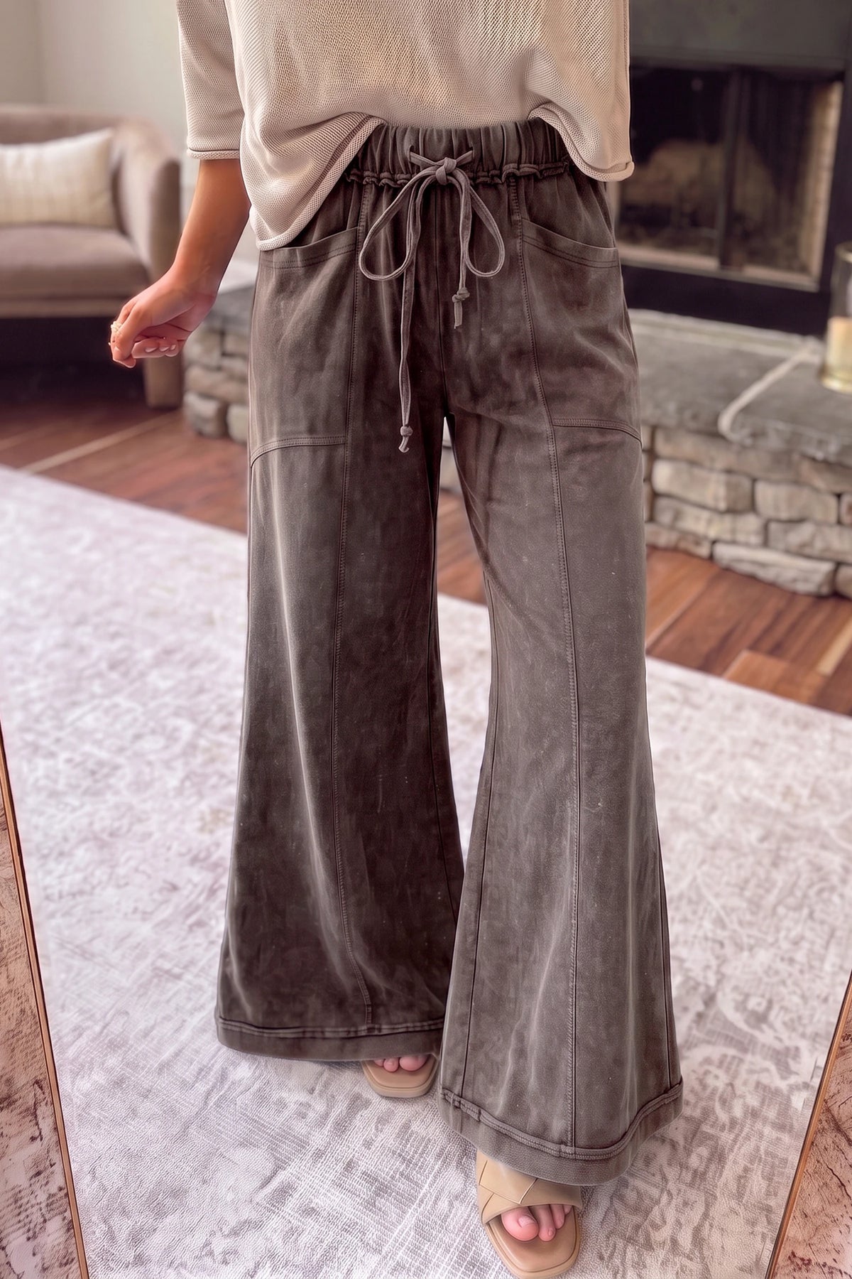 Coffee Mineral Wash Flare Leg Drawstring Pants