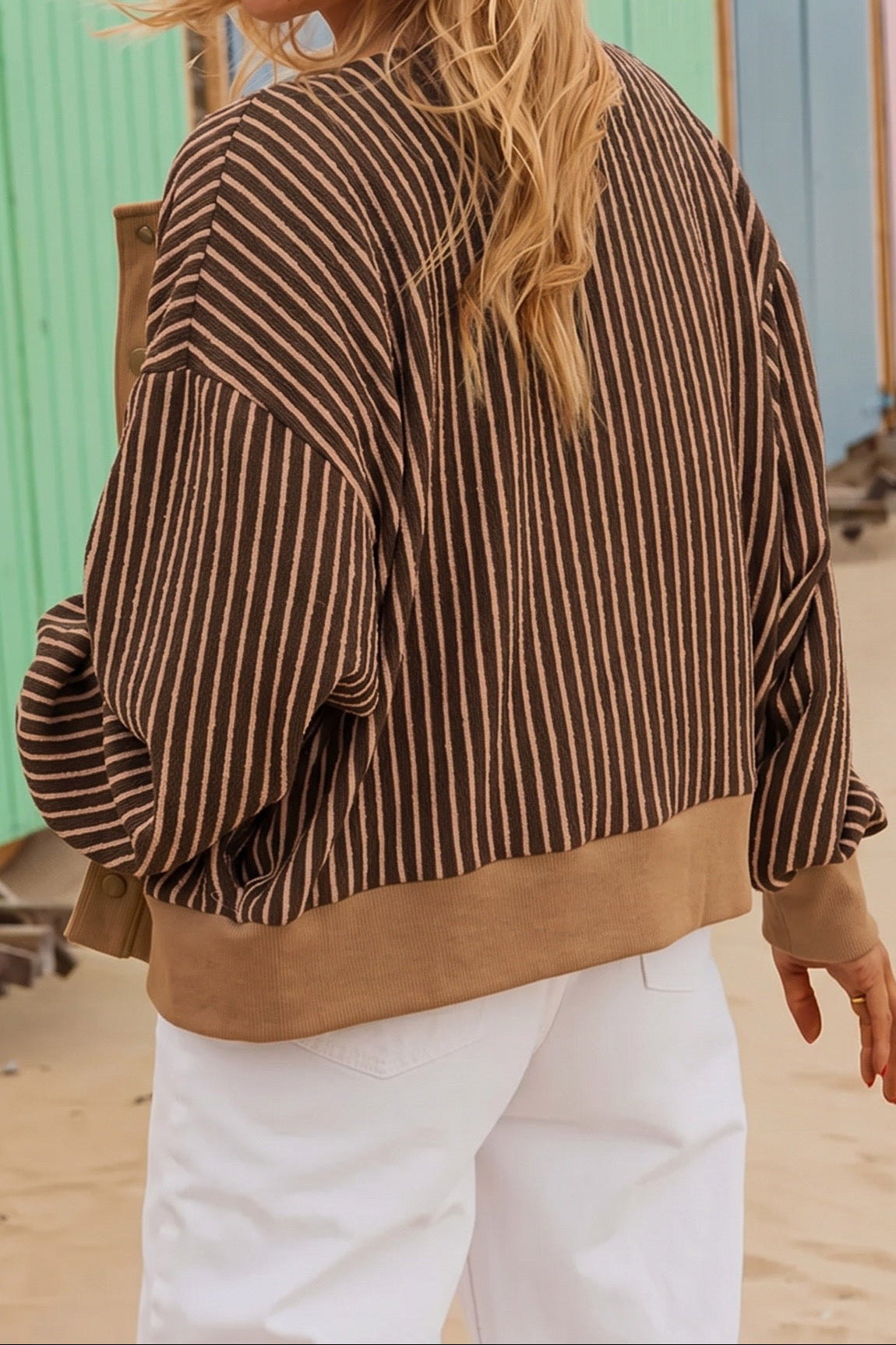 Stripe Striped V Neck Patchwork Long Sleeve Cardigan