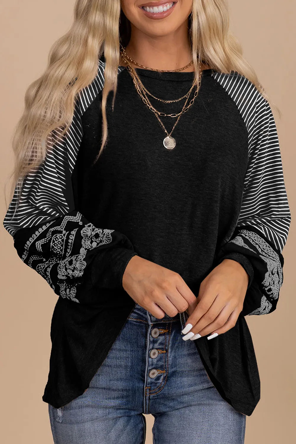 Print Striped Raglan Long Sleeve Loose Top