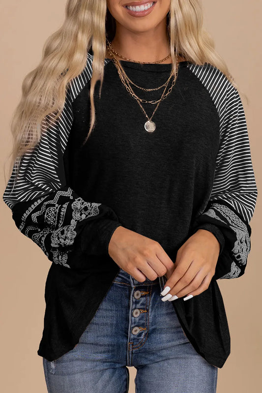 Print Striped Raglan Long Sleeve Loose Top
