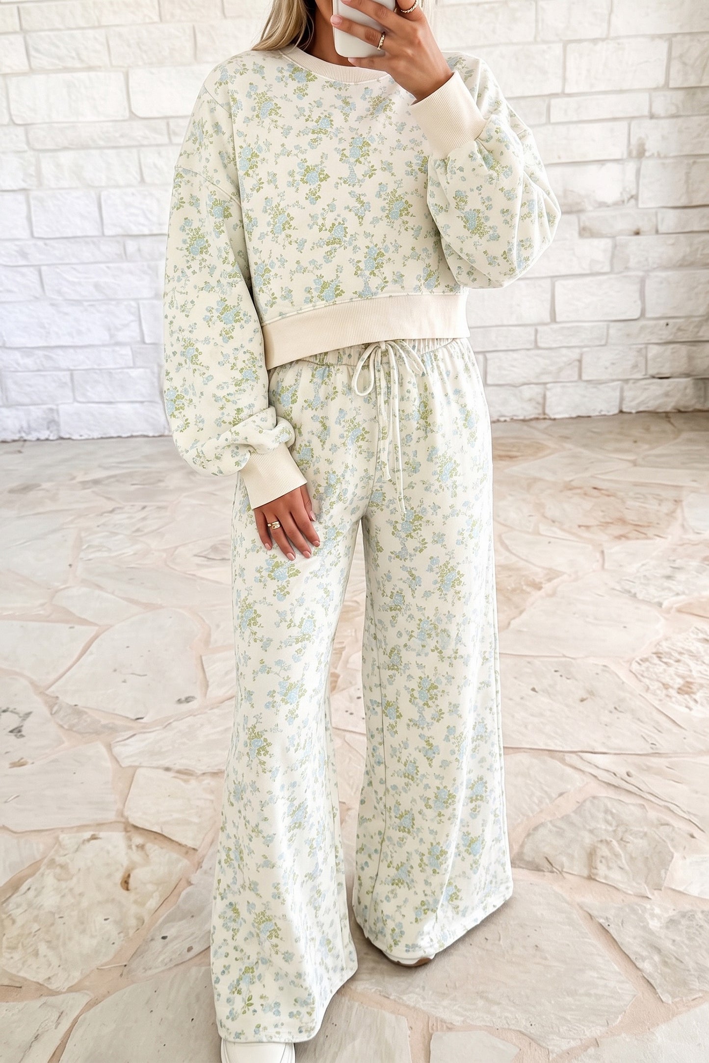 Floral Print Long Sleeve/Drawstring Wide Leg Set