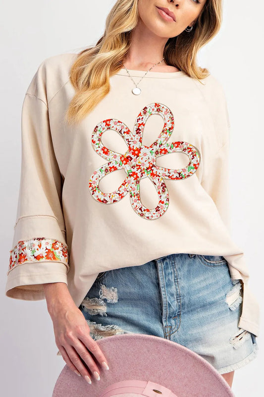 Patch Graphic Exposed Seam Wide Sleeve Top