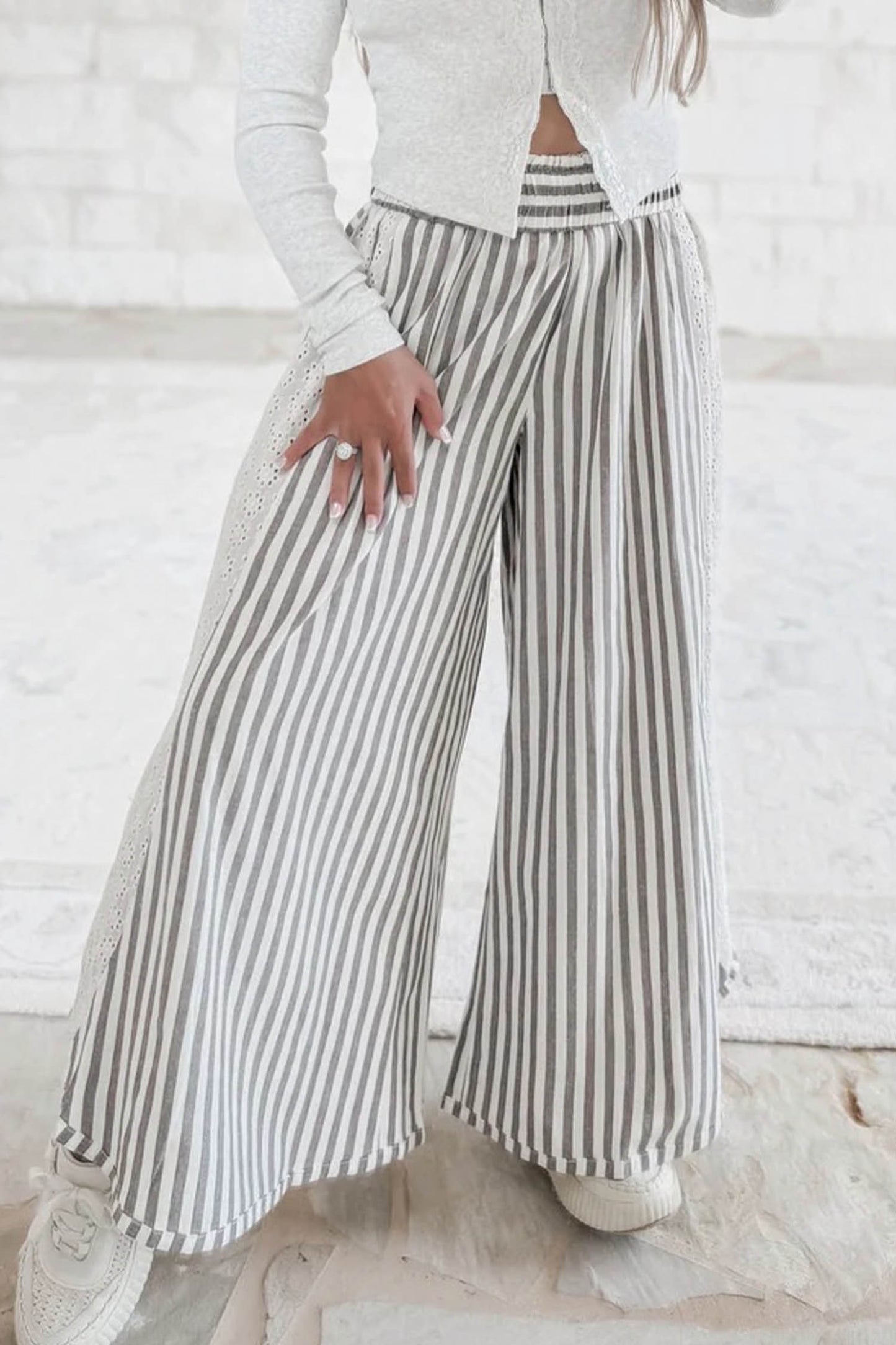 Brown Stripe Lace Elastic Waist Wide Leg Pants