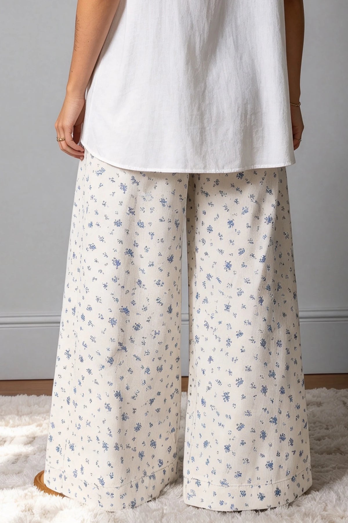 White Button Drawstring Pleated High Waist Floral Wide Leg Pants