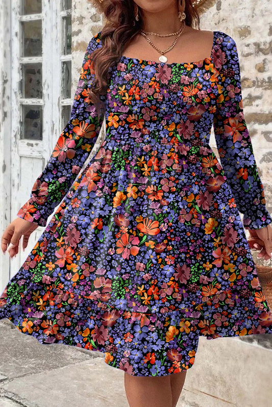 Floral Print Square Neck Long Sleeve Flared Dress