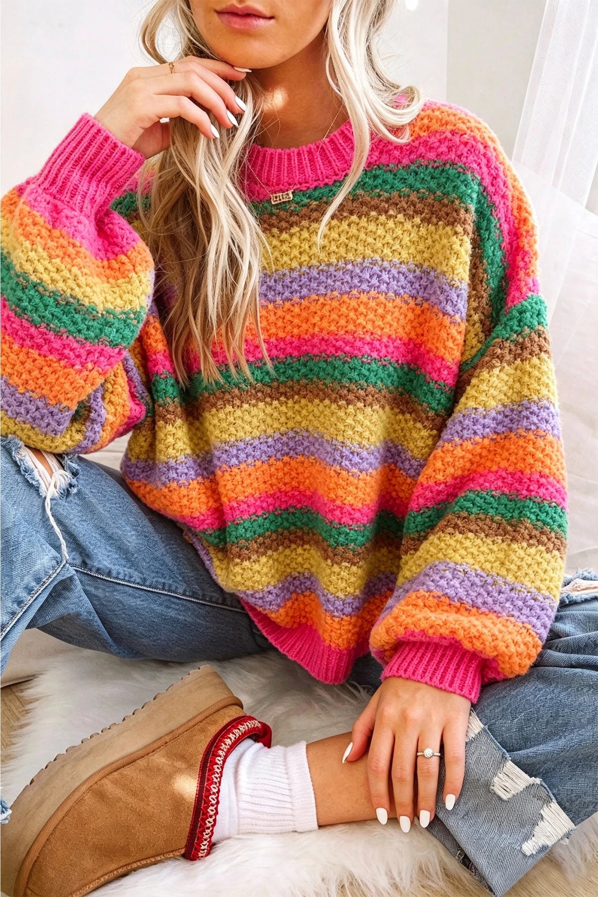 Rose Red Rainbow Striped Knit Sweater