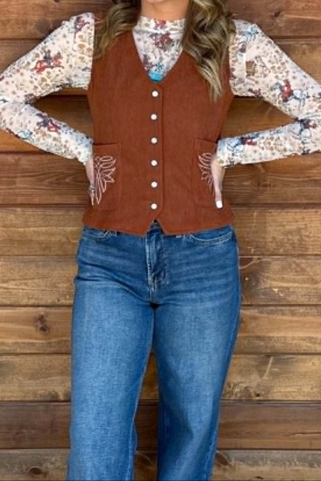 Coffee Embroidered Patch Pocket Button Corduroy Vest