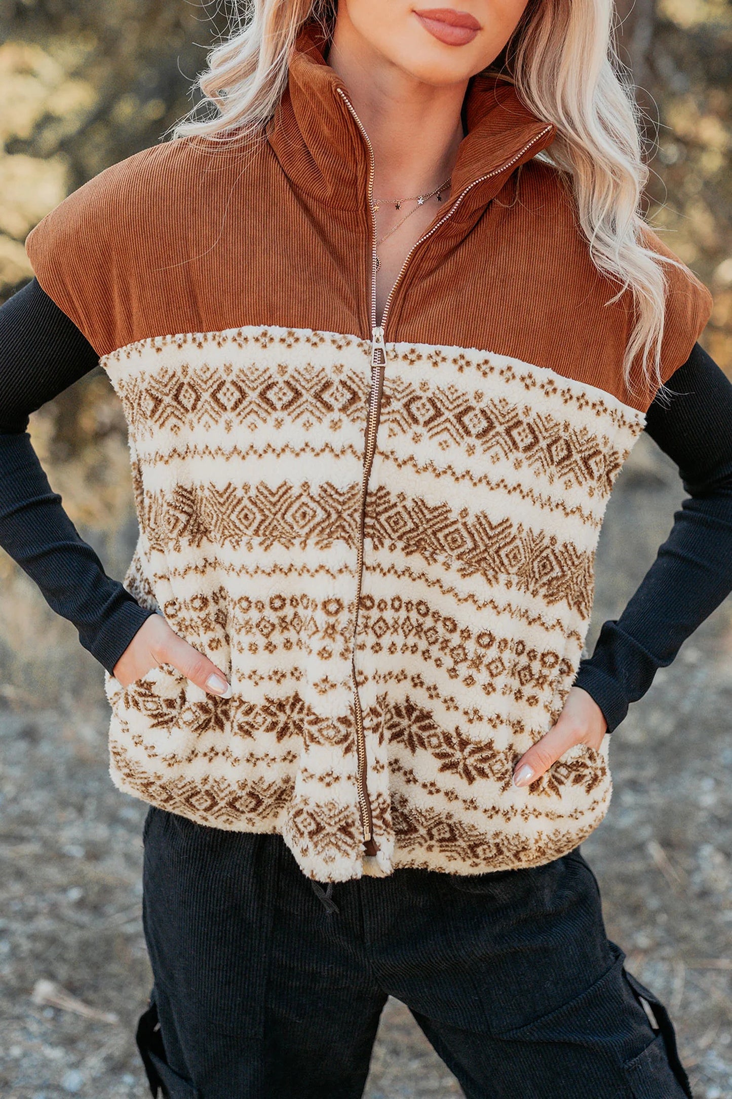 Fleece Zipper Patchwork Vest