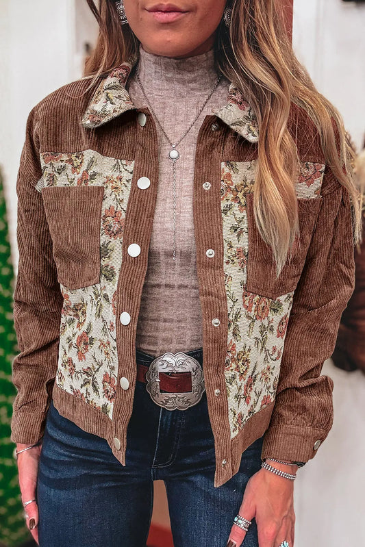 Ribbed Retro Floral Patchwork Shirt Style Jacket