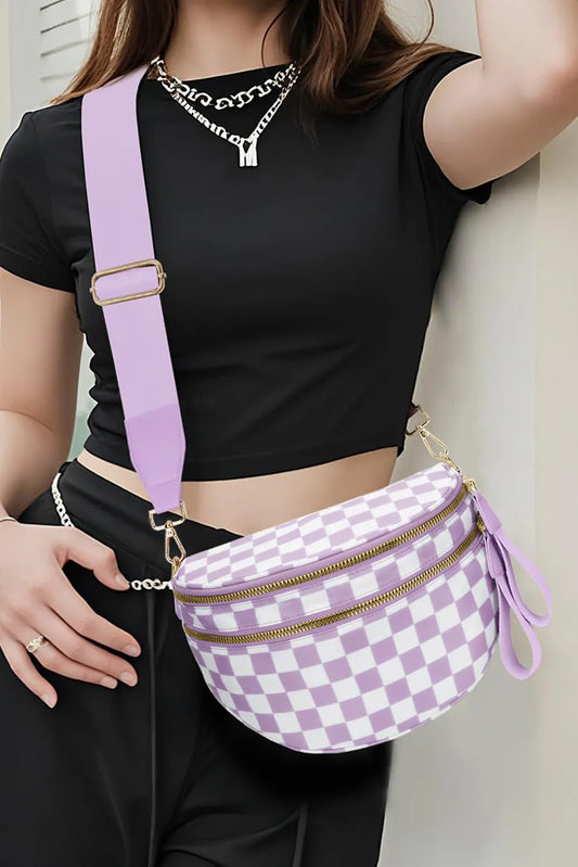 Checkered Print Wide Strap Large Crossbody Bag