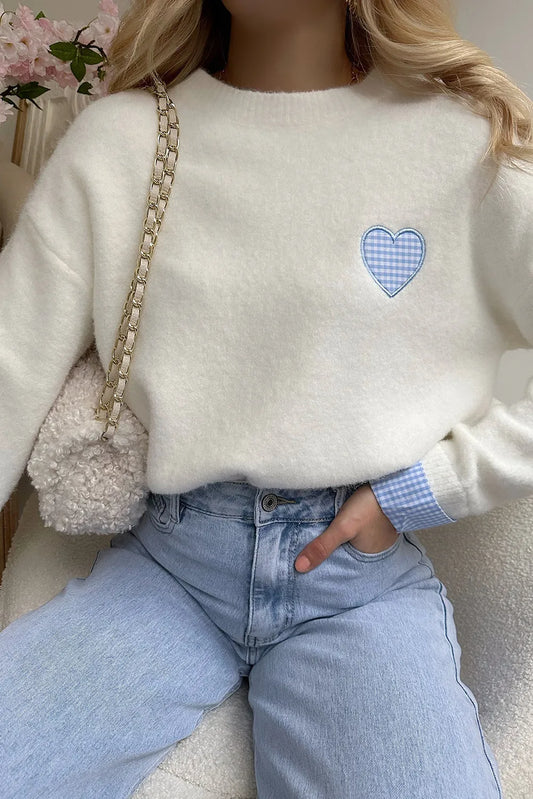 Heart Patched Contrast Cuffs Drop Shoulder Crew Neck Sweater