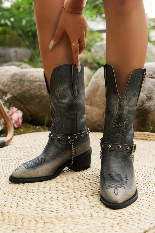 Western Distressed Pointed Toe Chunky Heel Boots
