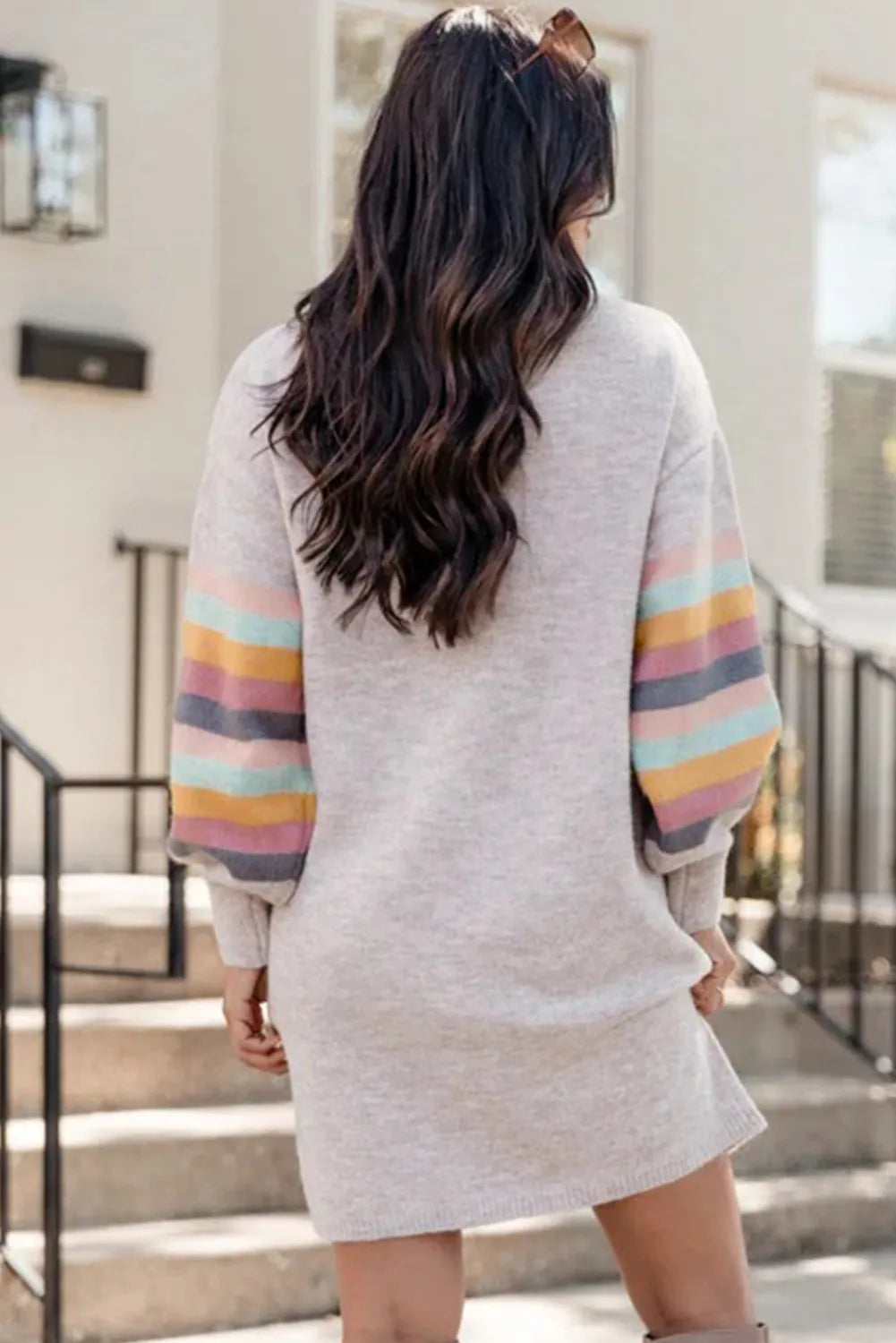 Grey Striped Detail Puff Sleeve High Neck Shift Mini Sweater Dress
