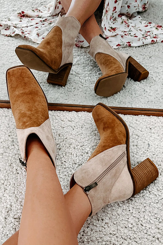 Two Tone Faux Suede Square Toe Chunky Heel Boots