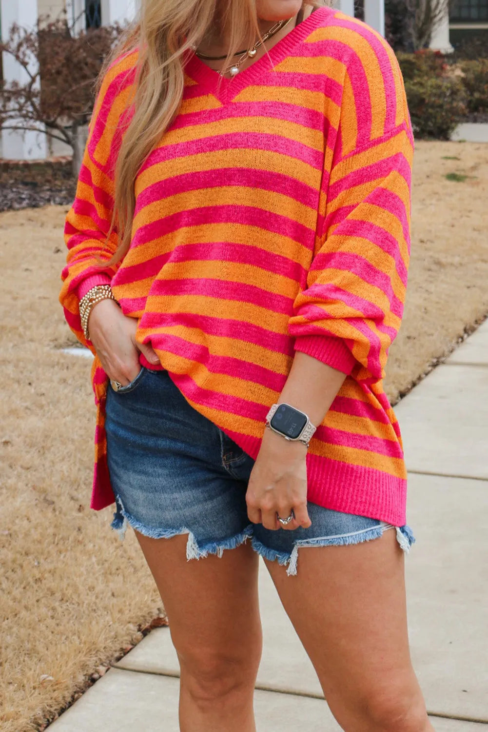 Stripe V Neck Loose Fit Plus Sweater with Slits
