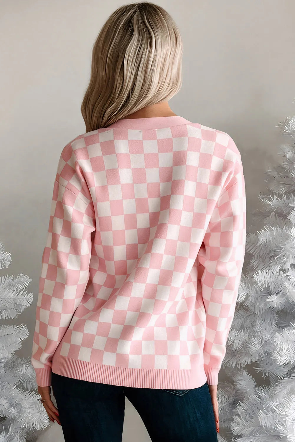Checkered Christmas Tree Pattern Button V Neck Cardigan Sweater