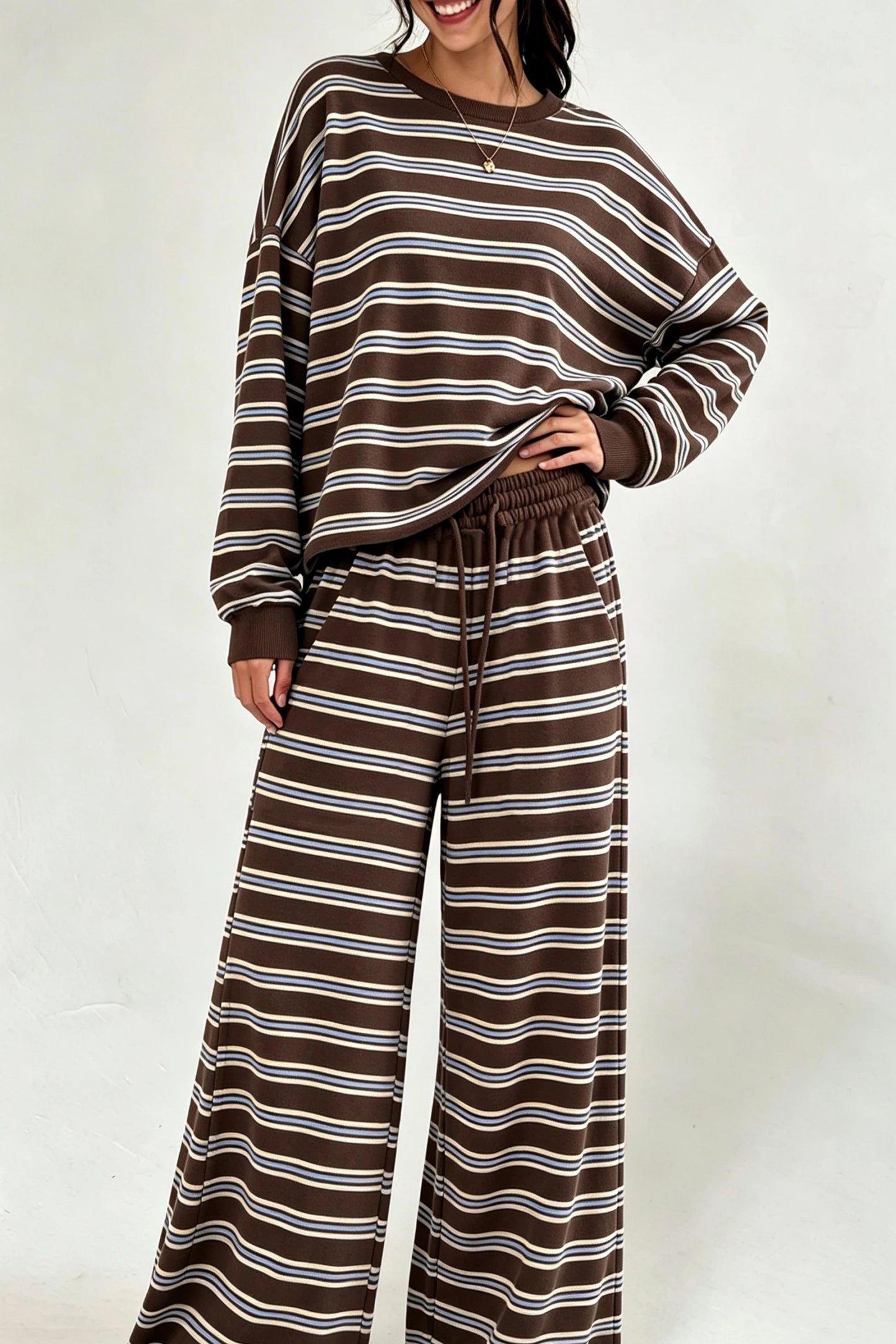 Brown Stripe Top and Wide Leg Pants 2pcs Set
