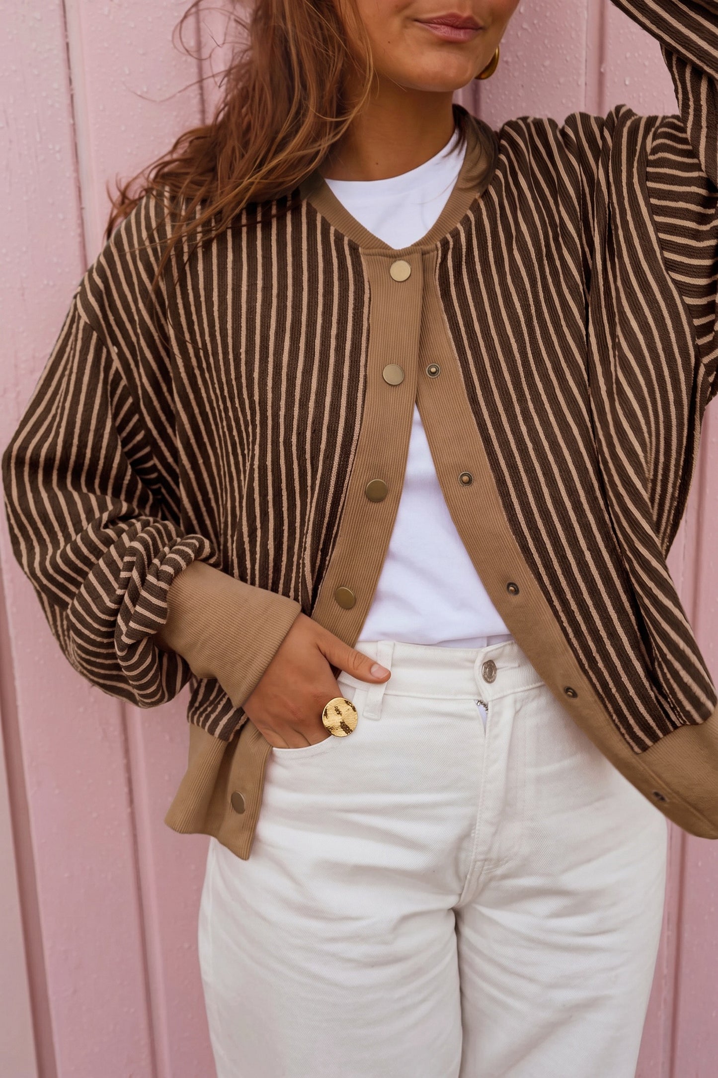 Stripe Striped V Neck Patchwork Long Sleeve Cardigan