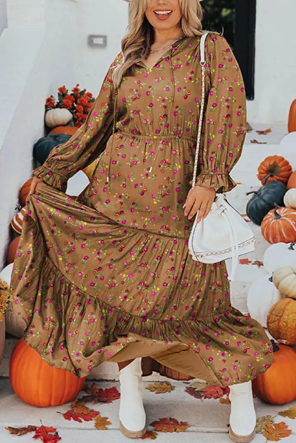 Floral Split V Neck Ruffled Sleeve Tiered Maxi Dress