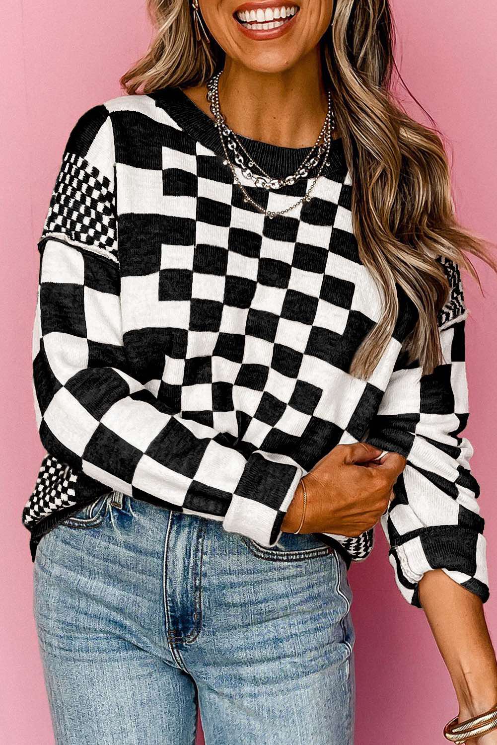 Checkered Print Drop Shoulder Round Neck Sweate