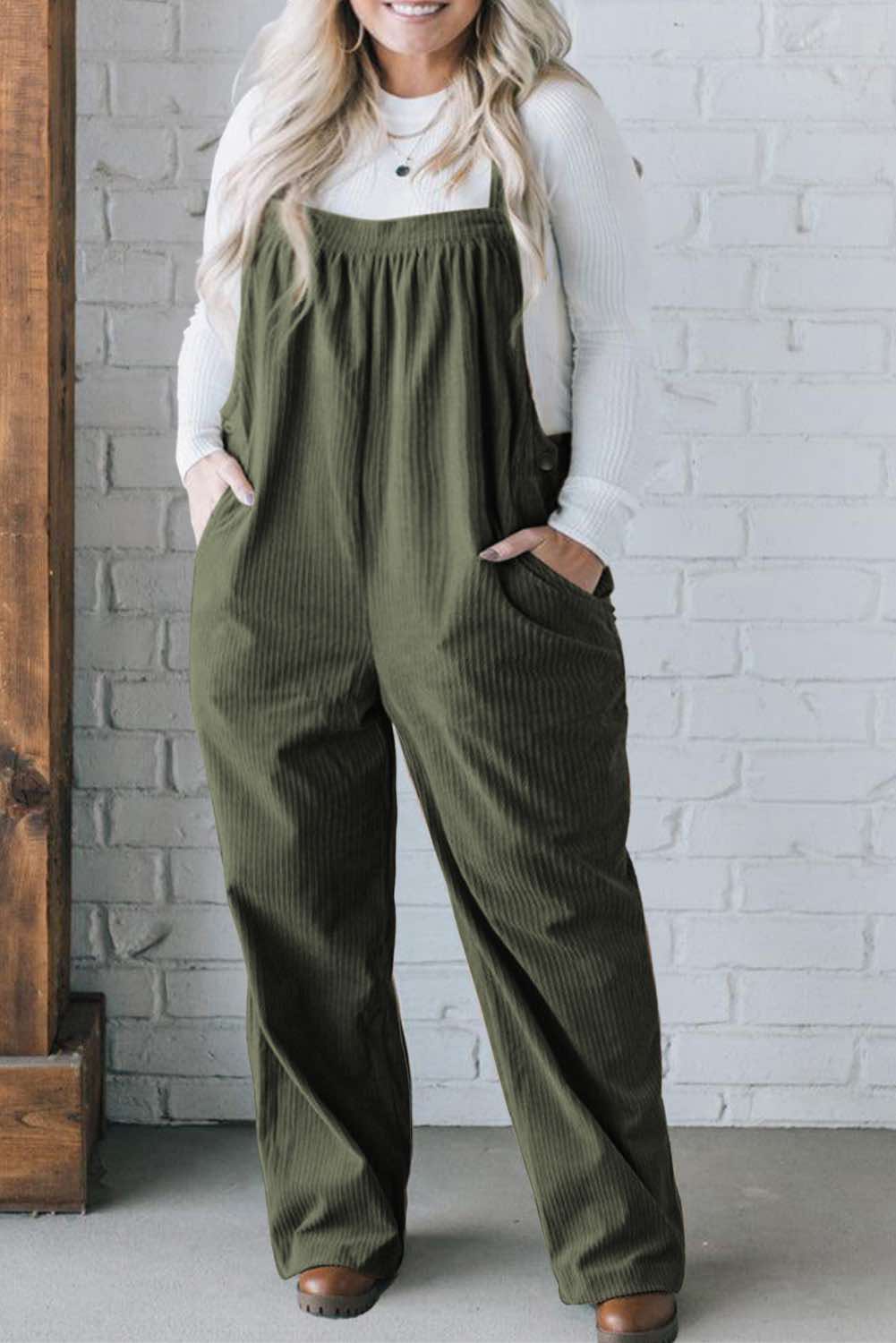 Solid Pocketed Loose Fit Corduroy Overall