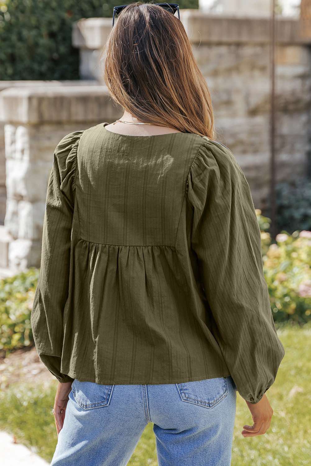 Green Embroidered Split Neck Pleated Loose Blouse