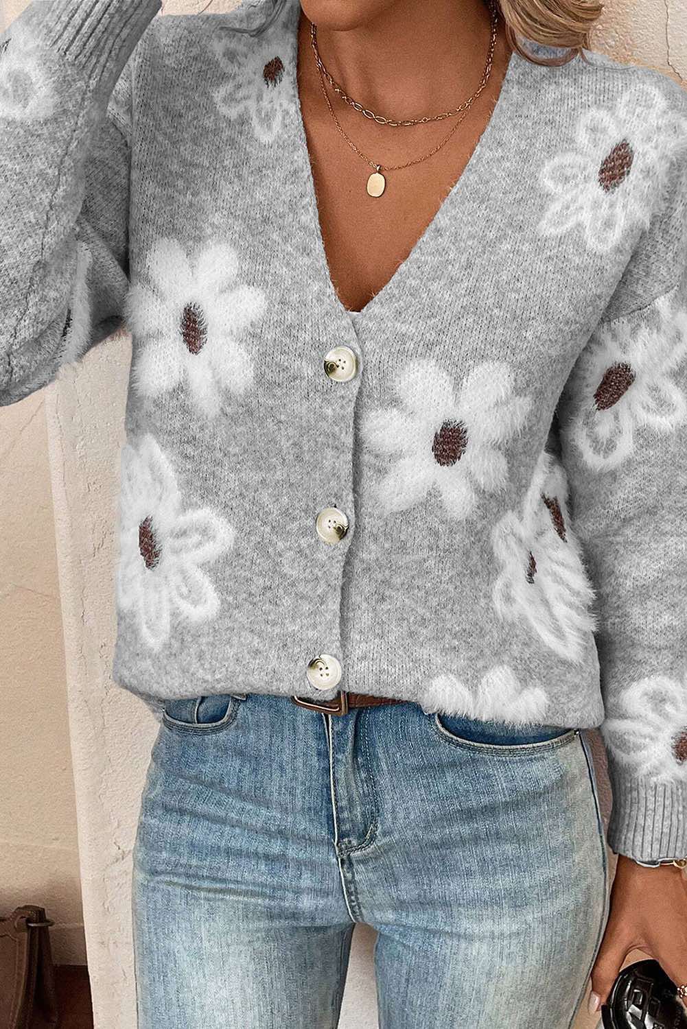 Floral Print V Neck Knitted Button up Cardigan