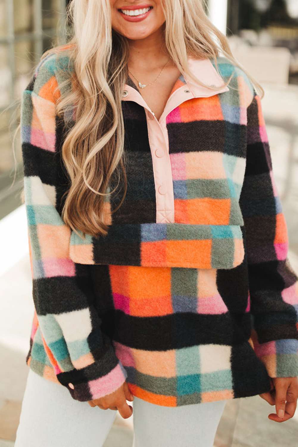 Plaid Print Pocketed Half Button Collared Sweatshirt