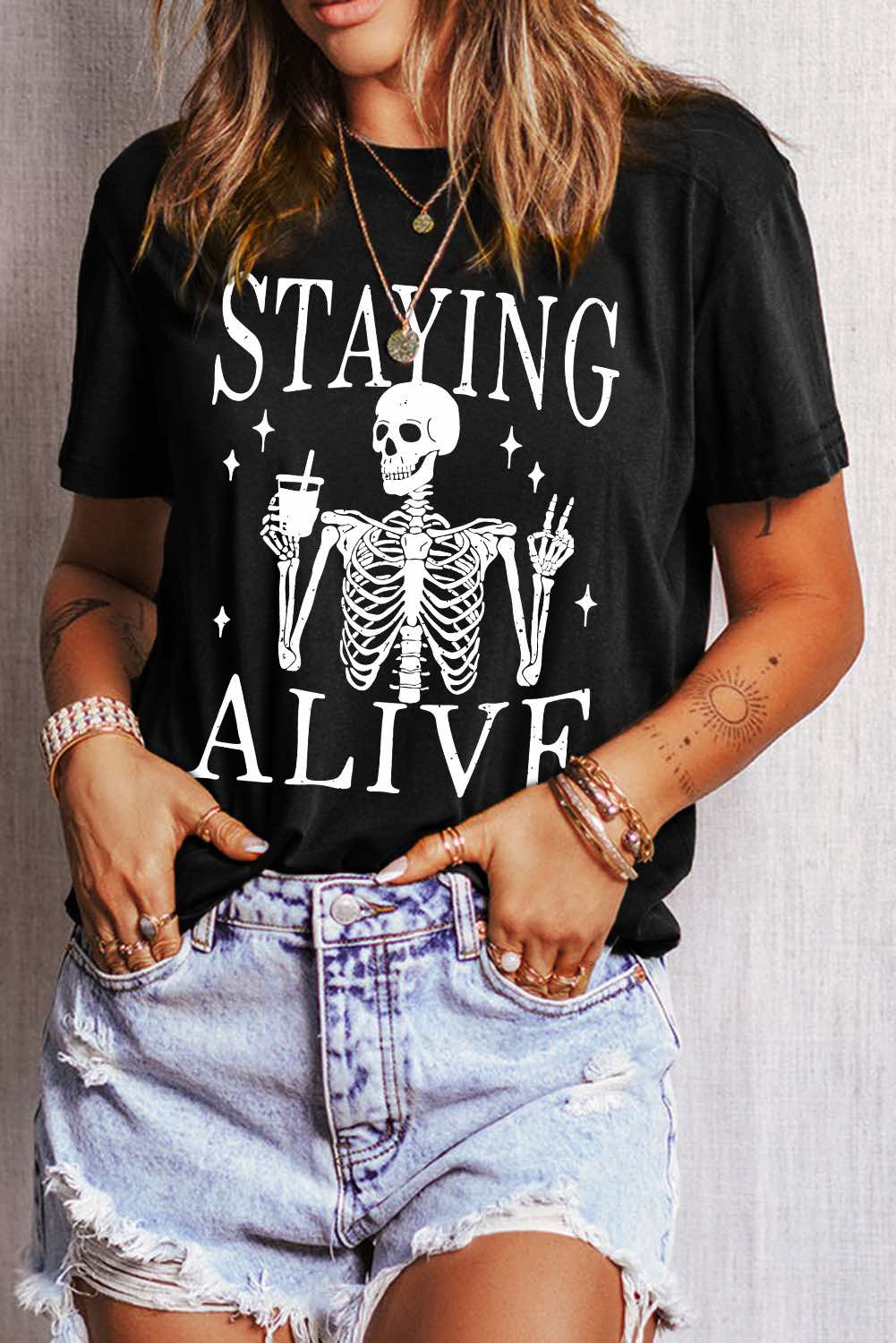 STAYING ALIVE Funny Skeleton Print Round Neck T Shirt