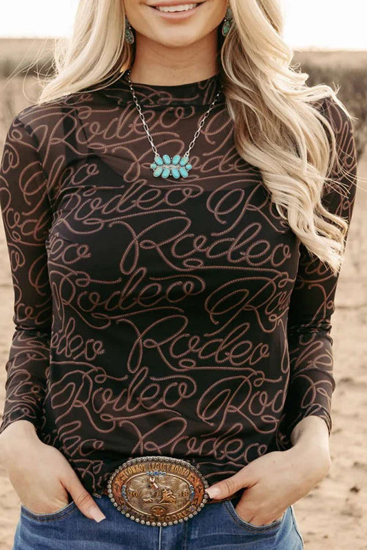 Western Rodeo Printed Mock Neck Long Sleeve Mesh To