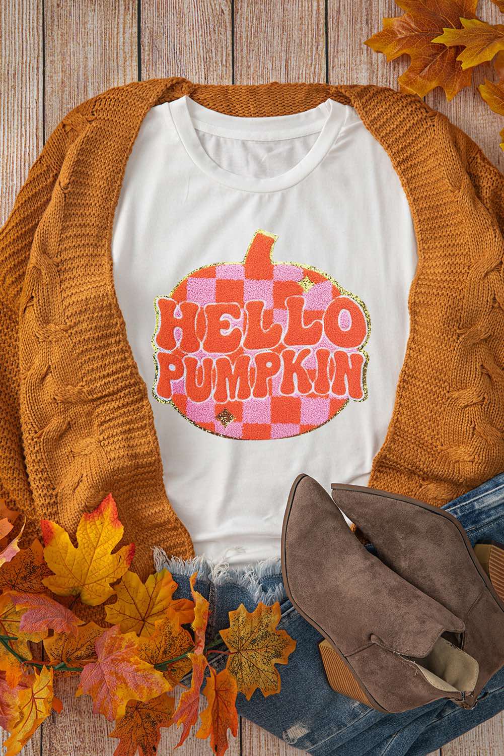 White Chenille Checkerboard Hello Pumpkin Patched Pattern T-Shirt