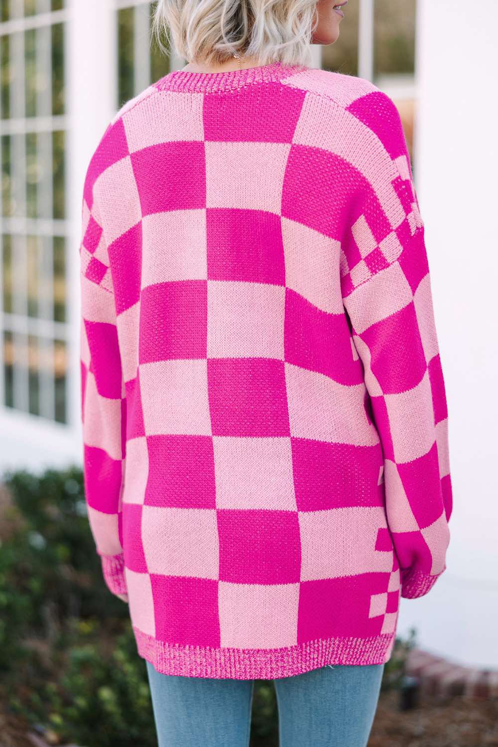 Checkered Printed Ribbed Trim Open Front Cardigan