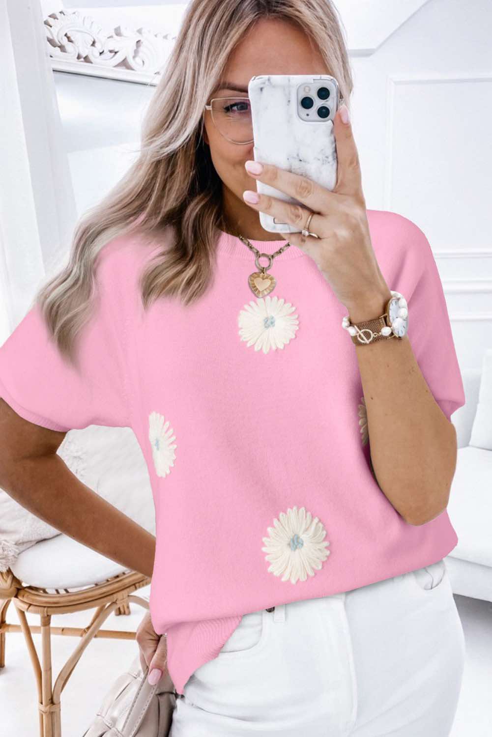 Flower Pattern Short Sleeve Knitted Top