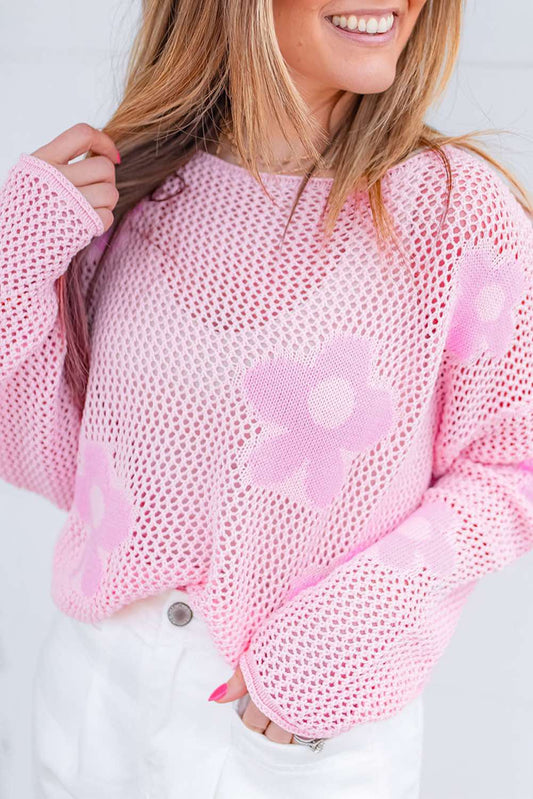 Big Flower Hollowed Knit Drop Shoulder Sweater