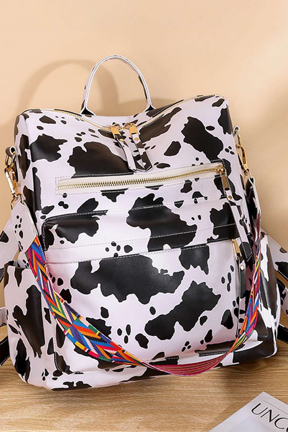 White Cow Print Multi Compartment Backpack