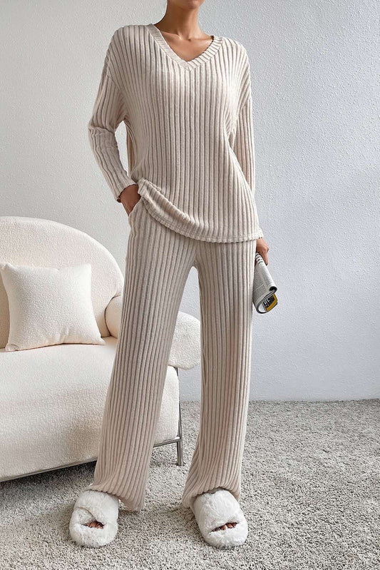 Ribbed Knit V Neck Slouchy Two-piece Outfit